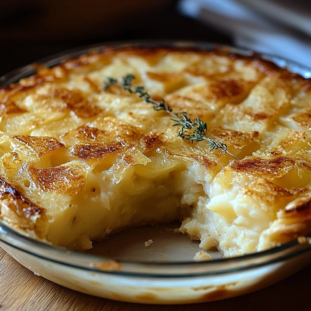 A golden Passover potato pie on a wooden table.