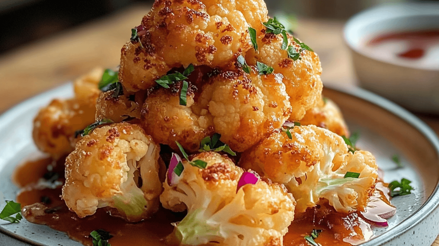 Golden-brown baked cauliflower florets on a rustic plate