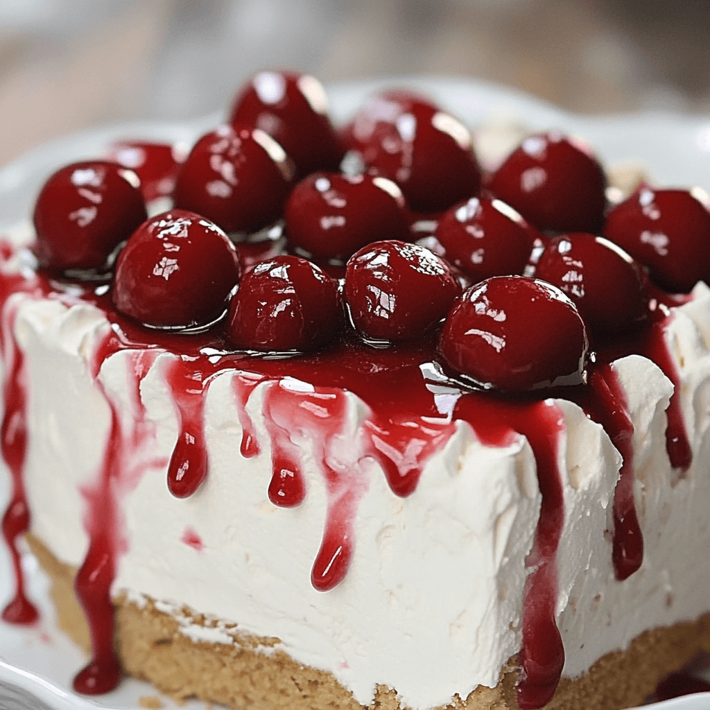 A fully assembled Classic Cherry Delight dessert with distinct layers of crust, creamy filling, and cherry topping.