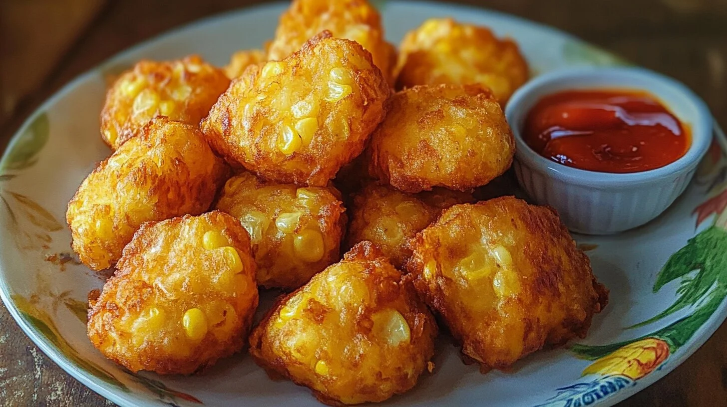 A plate of crispy golden corn nuggets with a side of ketchup