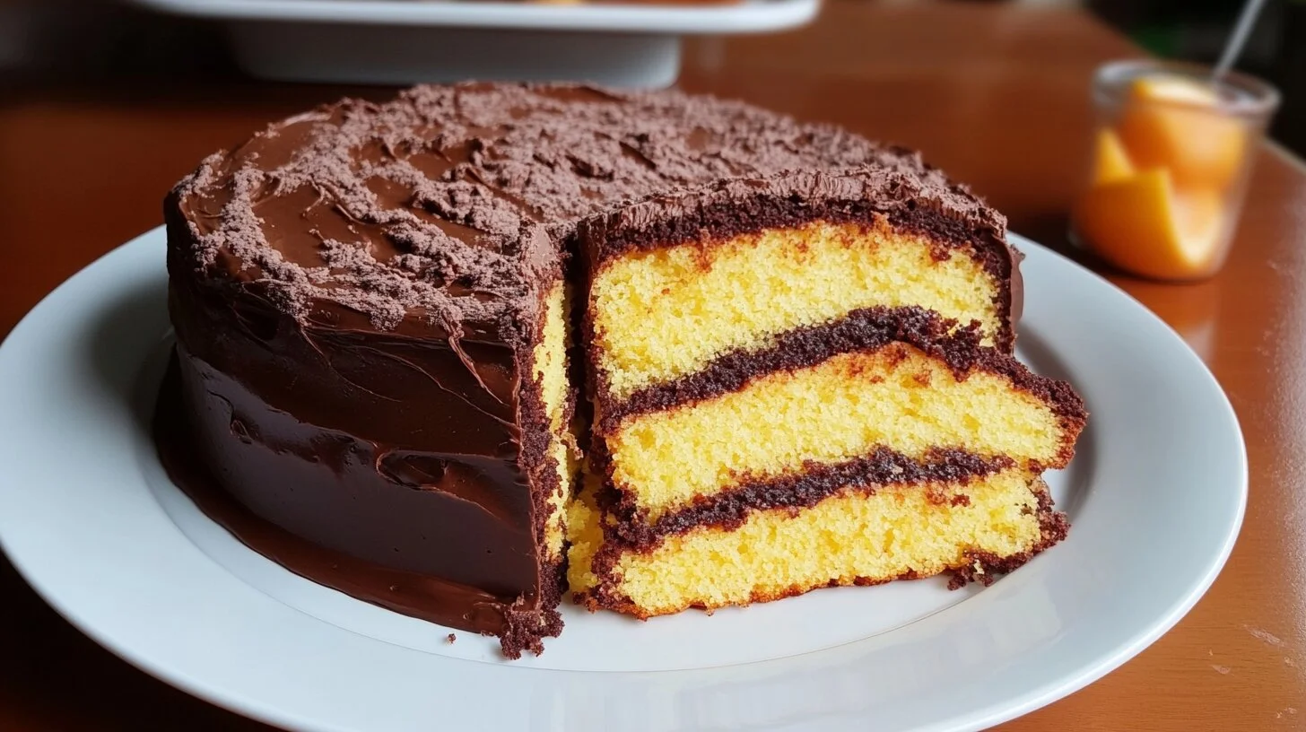 Steps on how to make chocolate orange cake with smooth chocolate spread and orange garnish