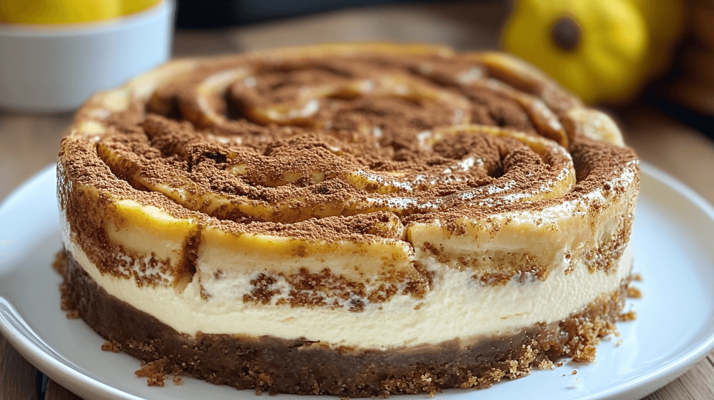 A cinnamon roll cheesecake with a perfect swirl on top, displayed on a rustic table.