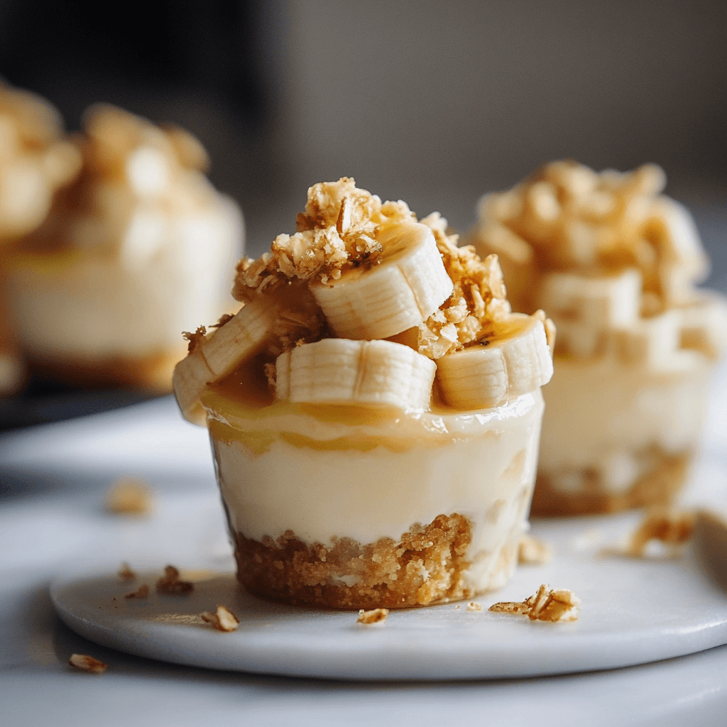 Mini banana pudding cups with layers of pudding, banana slices, and wafers in clear cups.