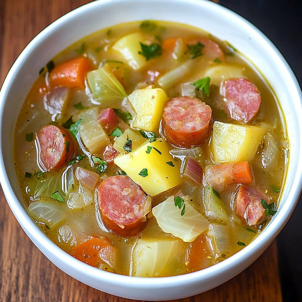 A hearty bowl of Kielbasa Potato Cabbage Soup, garnished with fresh parsley, served hot in a rustic ceramic bowl.