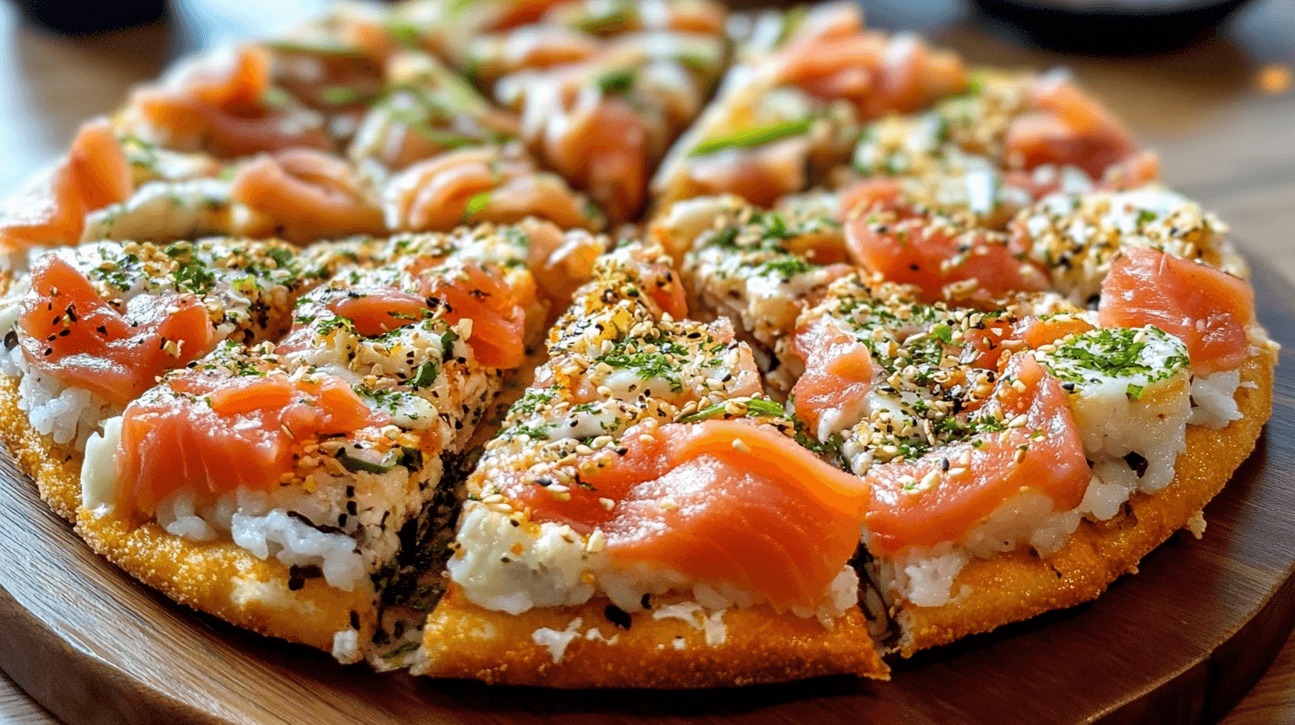 A beautifully plated sushi pizza with a crispy rice base, topped with fresh salmon, avocado, cucumber, and drizzled spicy mayo