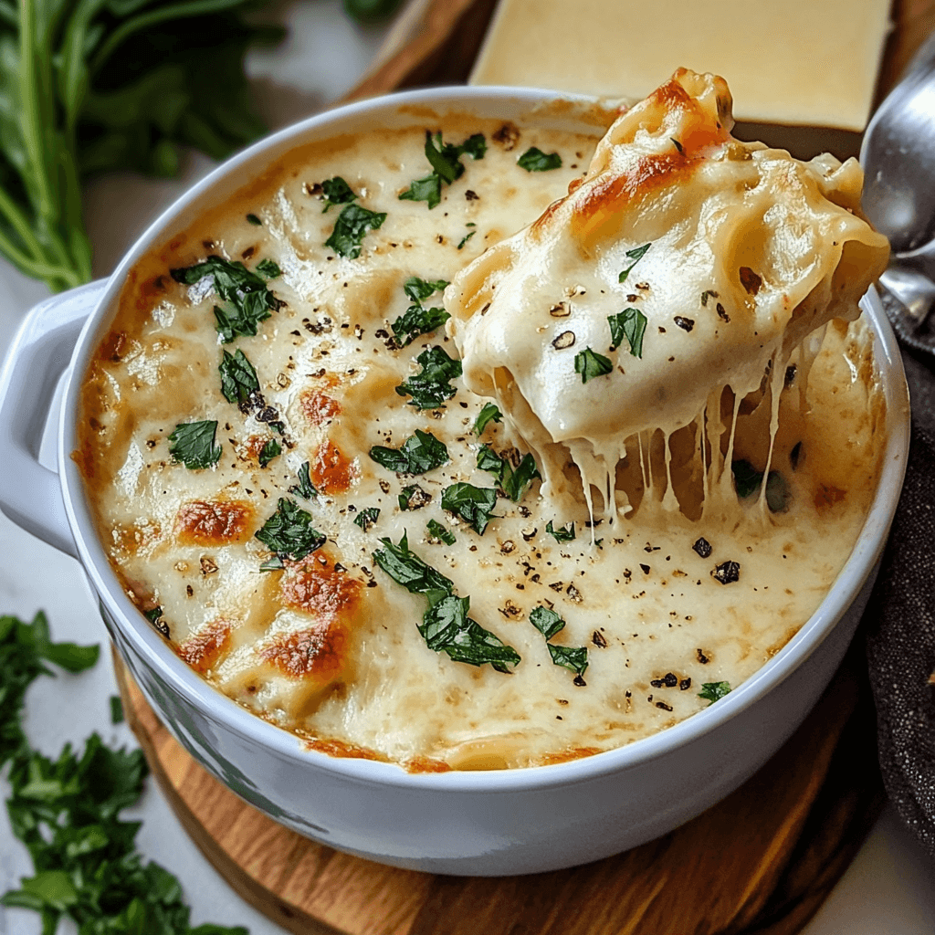 A warm bowl of creamy Alfredo lasagna soup topped with parsley and Parmesan.