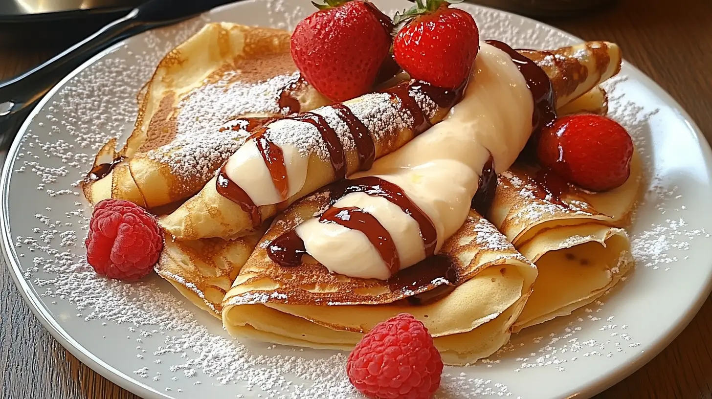 Best Crepes Rolled Recipes : for a Delicious Treat 9 Delicious rolled crepes served with whipped cream, fresh strawberries, raspberries, chocolate drizzle, and powdered sugar on a white plate.