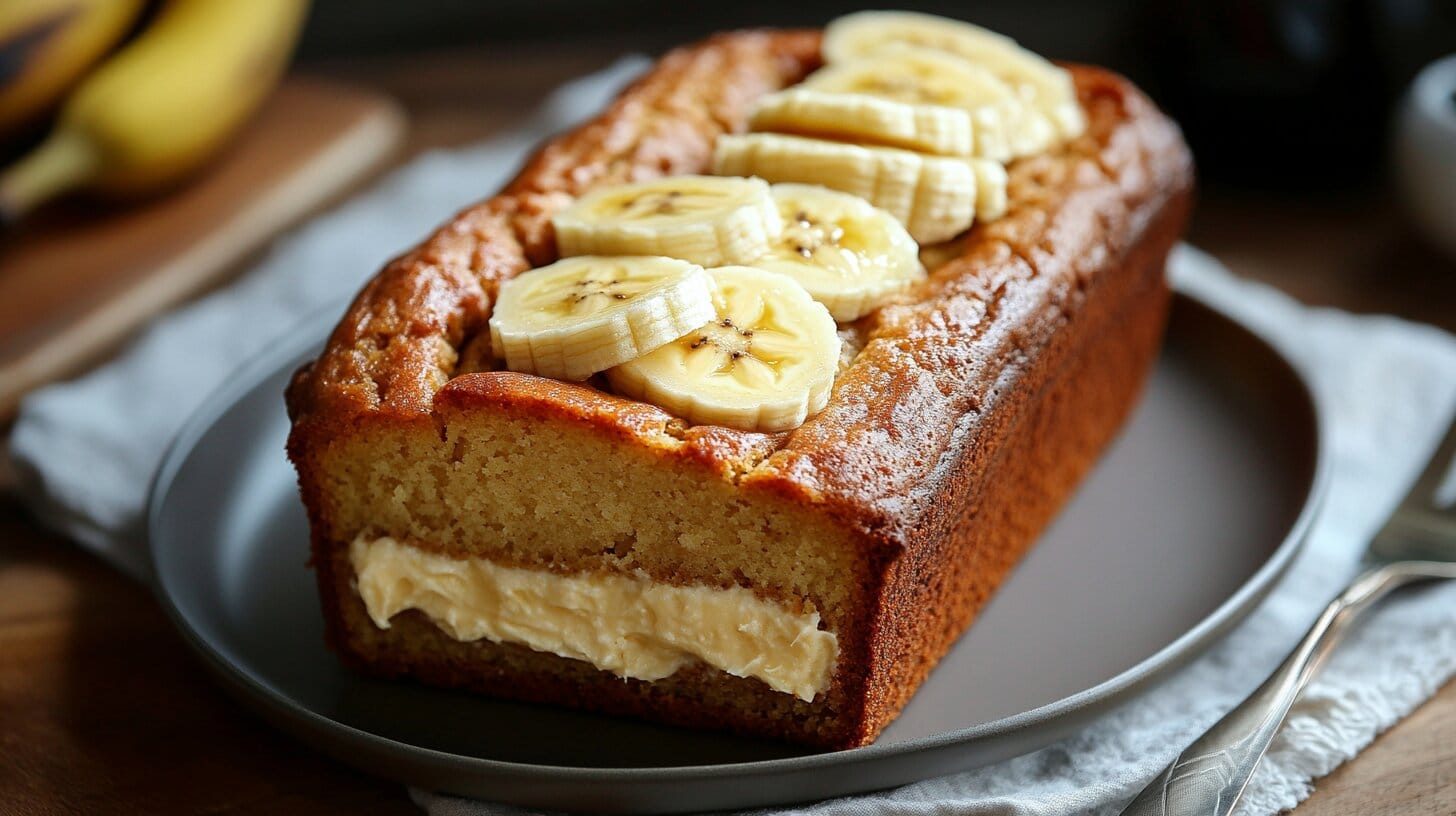 Freshly baked banana bread loaf on a wooden cutting board, sliced to reveal its moist texture, surrounded by ripe bananas and a scattering of walnuts