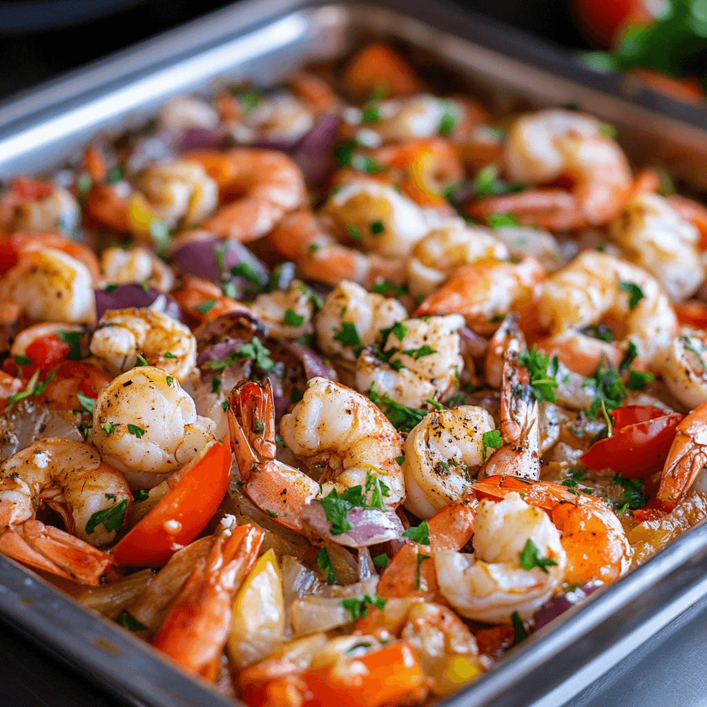 A freshly baked seafood dish featuring shrimp, mussels, scallops, and crab served in a casserole with melted cheese and golden breadcrumbs.