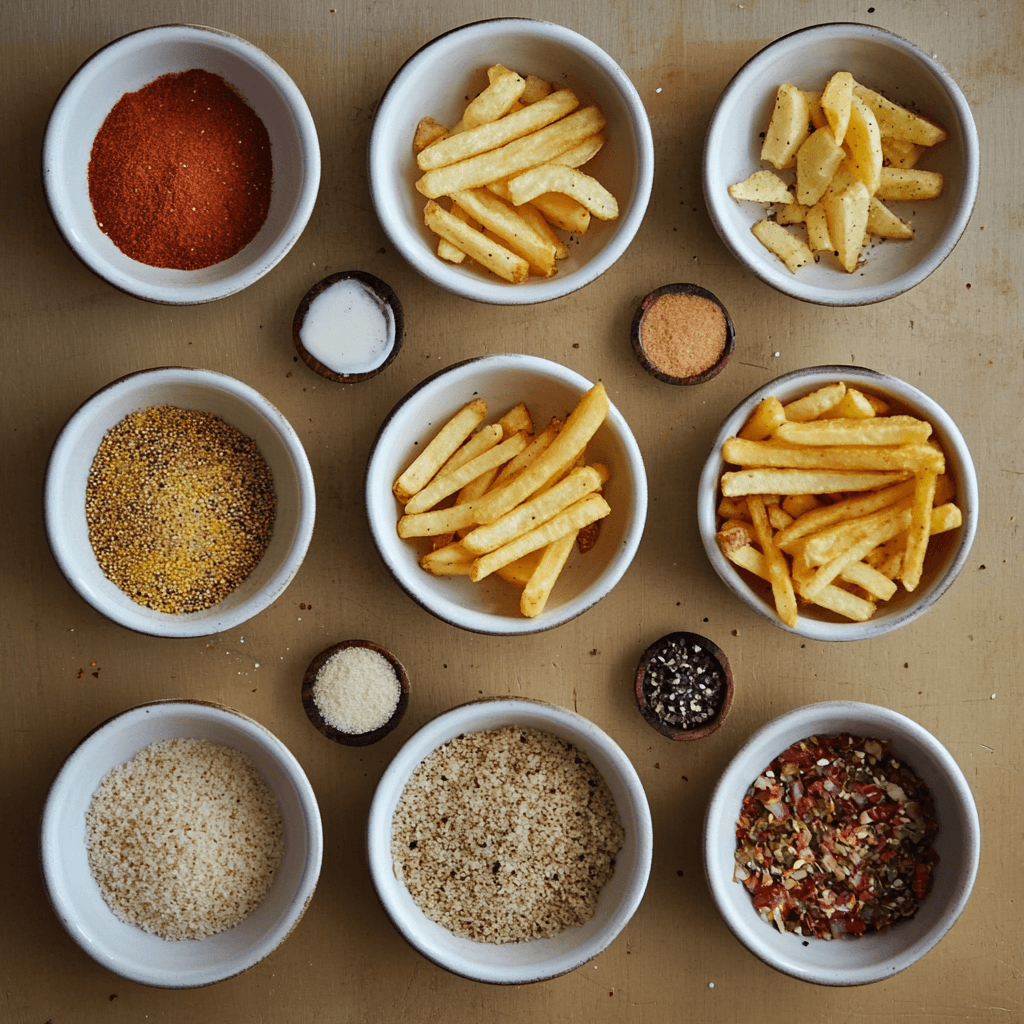 Hot Fries: A Complete Guide to Spicy Snacks, Varieties, and Nutrition 3 A flat lay of ingredients used in hot fries, including potatoes, chili powder, paprika, garlic powder, and onion powder