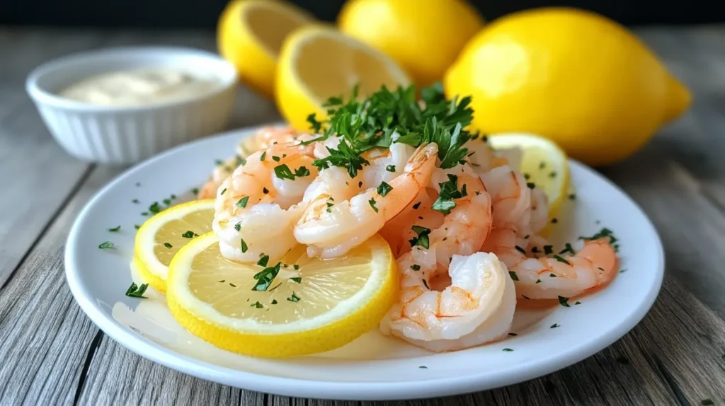 Plated shrimp dish with lemon slices and garnishes.