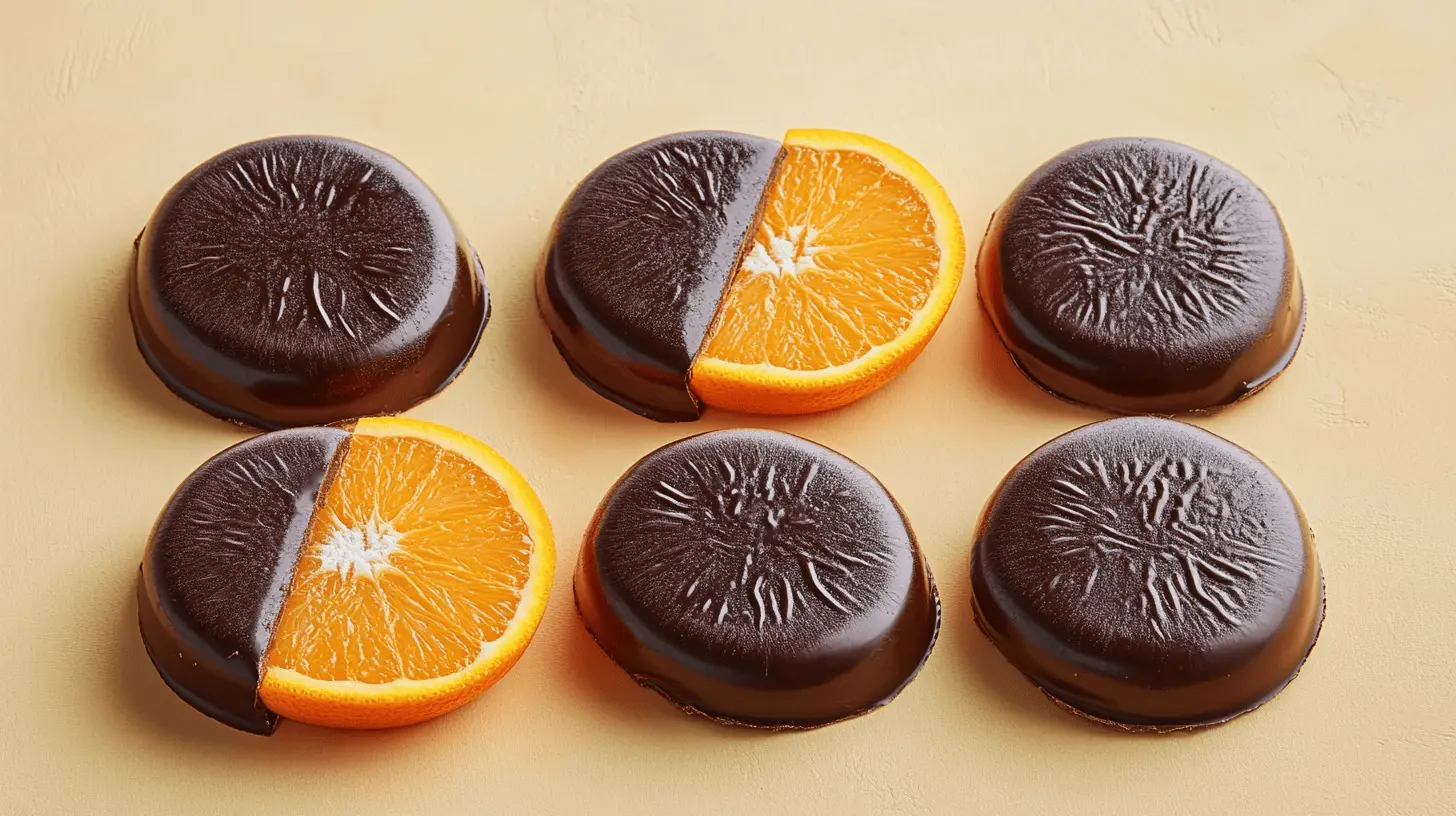 Orange and dark chocolate on a wooden table with orange zest.