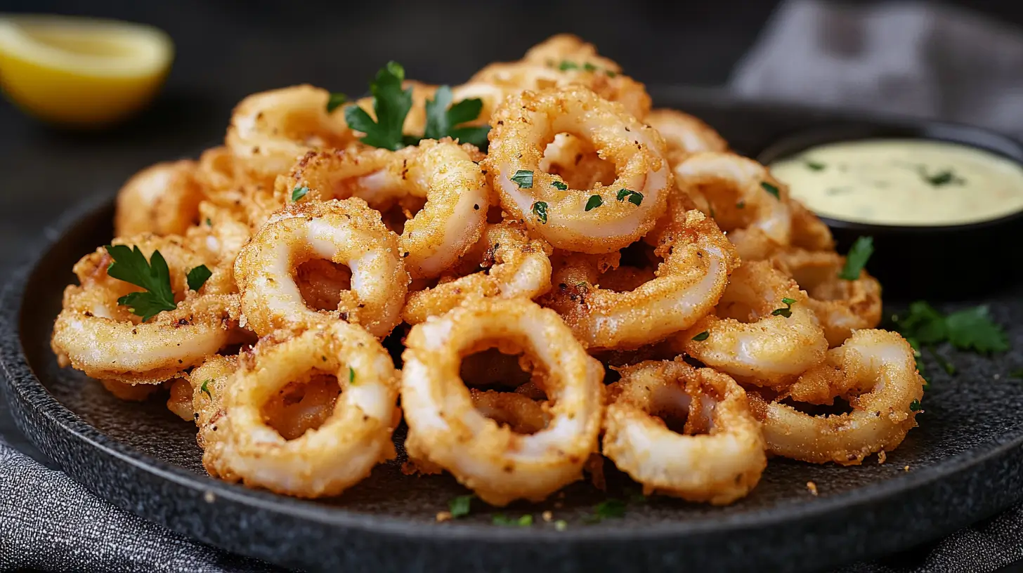 A plate of golden, crispy fried calamari rings served with a side of dipping sauce and a lemon wedge.