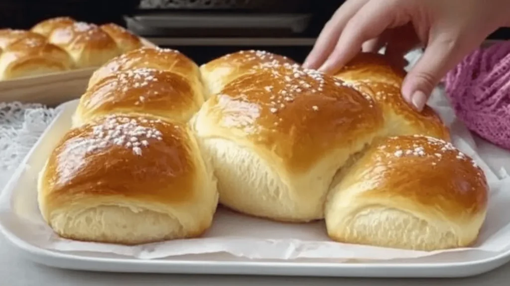 Freshly baked brioche buns with a golden crust and butter on the side