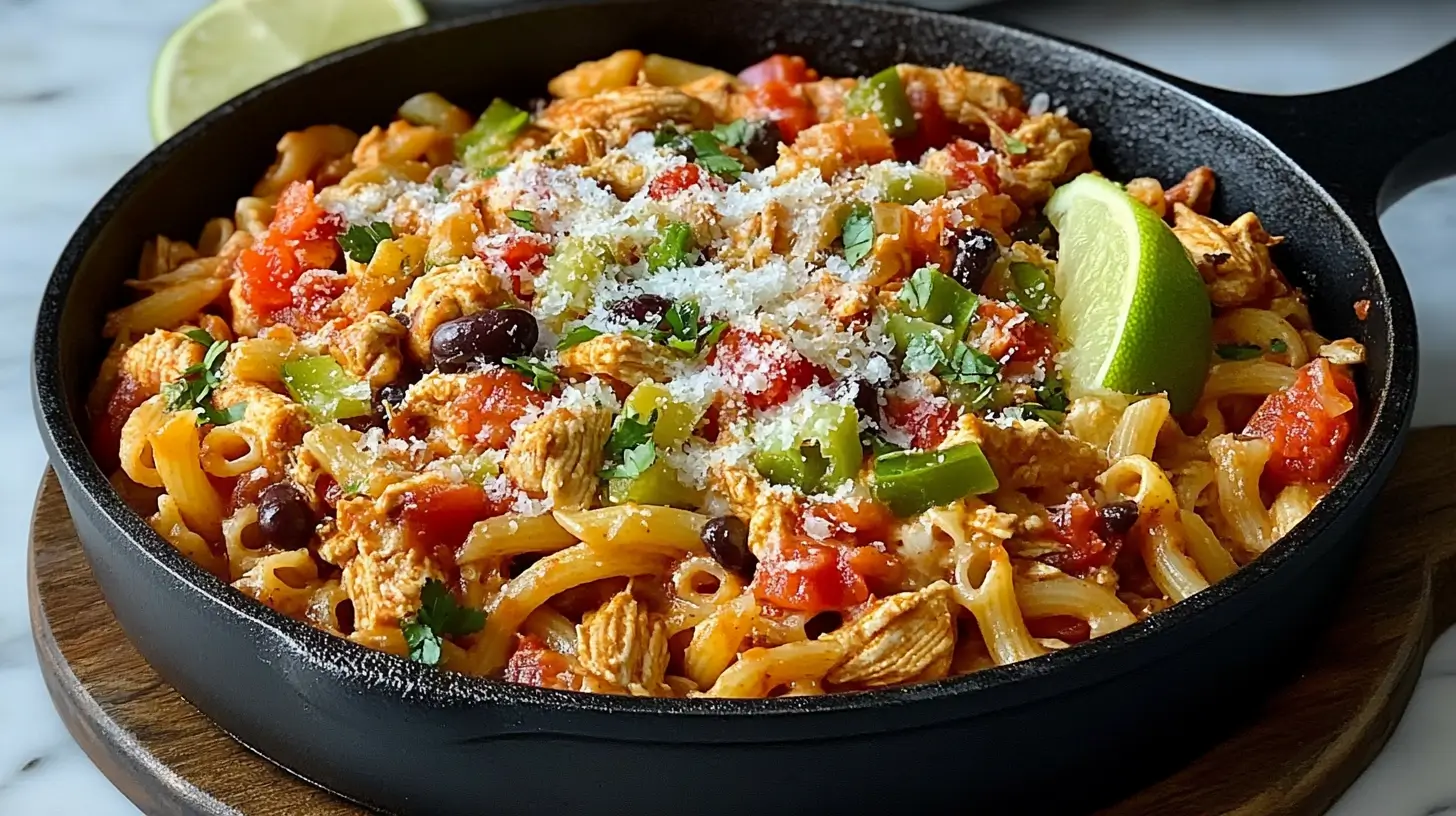 Chicken taco pasta skillet garnished with lime, cilantro, and cheese in a cast-iron skillet.