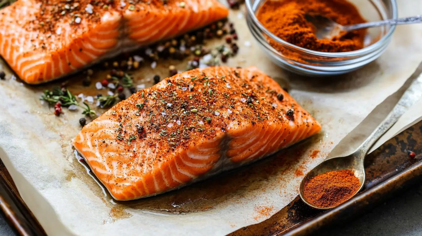 Seasoned salmon fillets with a bowl of spice mix.