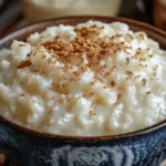 Creamy rice pudding topped with cinnamon in a rustic bowl