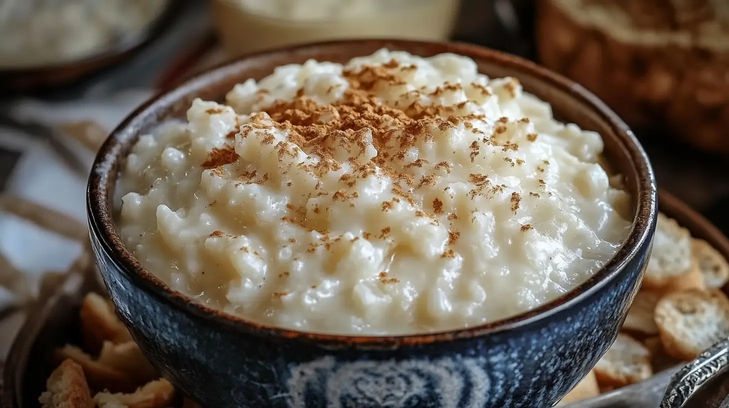 Creamy rice pudding topped with cinnamon in a rustic bowl