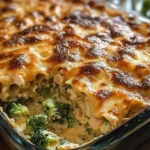 Golden, cheesy Chicken and Broccoli Lasagna in a casserole dish with a corner slice removed, revealing creamy broccoli and chicken layers.