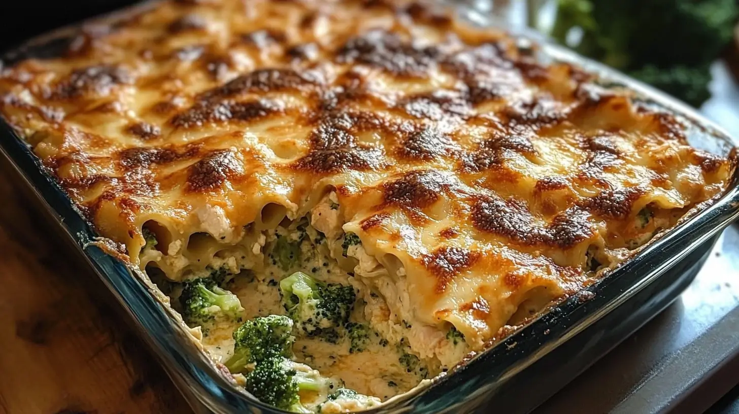 Golden, cheesy Chicken and Broccoli Lasagna in a casserole dish with a corner slice removed, revealing creamy broccoli and chicken layers.