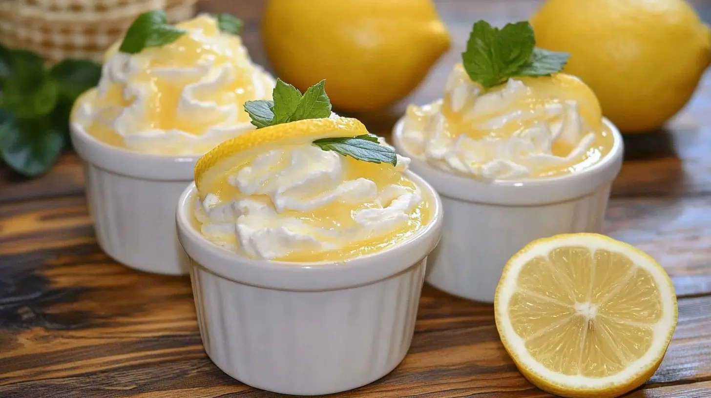 Three ramekins of lemon cream topped with whipped cream, lemon slices, and mint leaves, surrounded by fresh lemons.