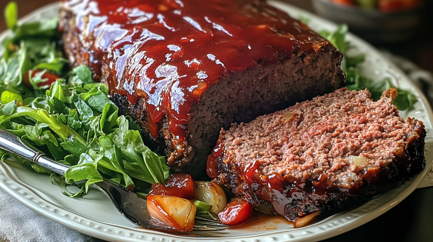 Moist meatloaf topped with a glossy glaze, sliced and served with fresh greens and caramelized vegetables on a white plate.