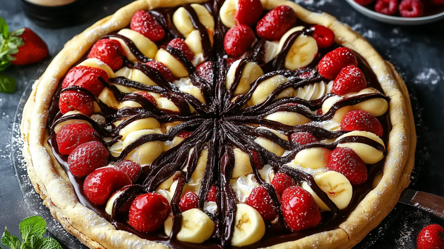 Chocolate dessert pizza topped with fresh strawberries, banana slices, and drizzled with dark chocolate sauce on a golden crust.