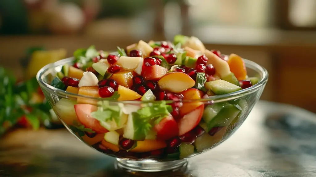 Fruit Combinations with Pomegranate Recipe 2 Fruit salad with pomegranate, orange, kiwi, and mint.