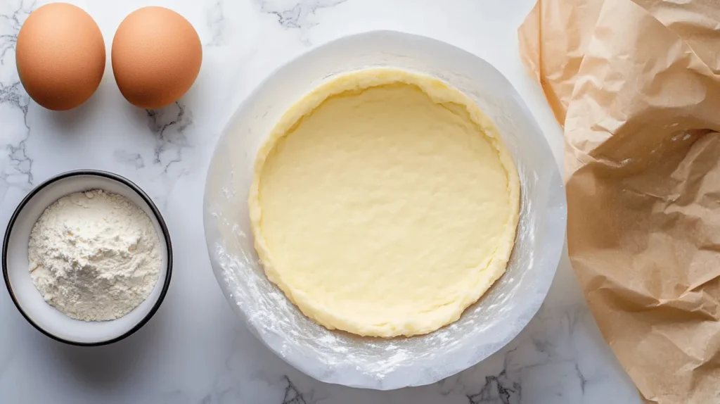 Why Are My Brioche Buns Dense? Baking Tips for Perfect Results 2 Brioche dough in a bowl with flour and eggs on a marble countertop.
