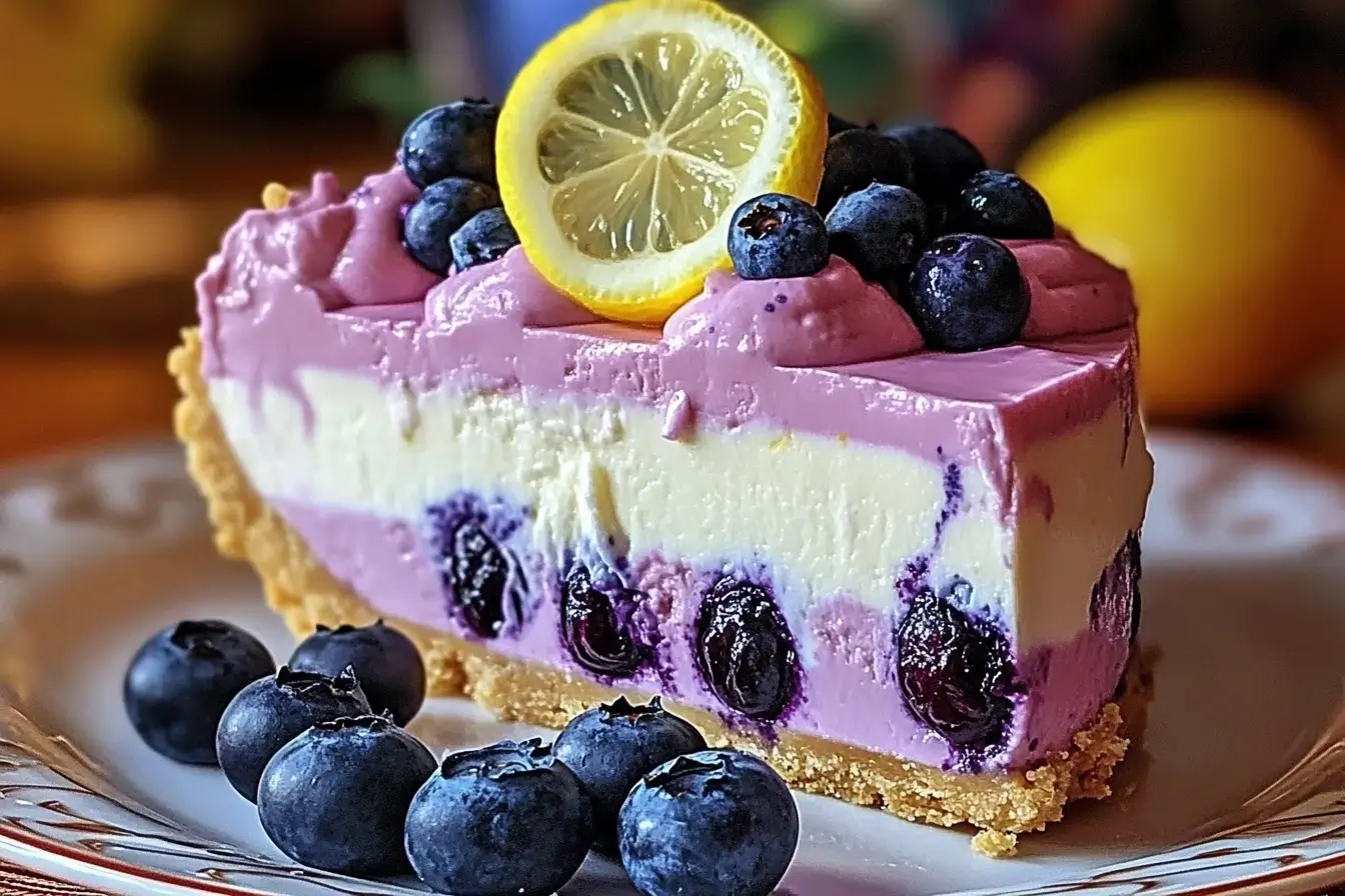 A slice of no-bake lemon blueberry mousse cheesecake with creamy layers, fresh blueberries, and a lemon slice on top.