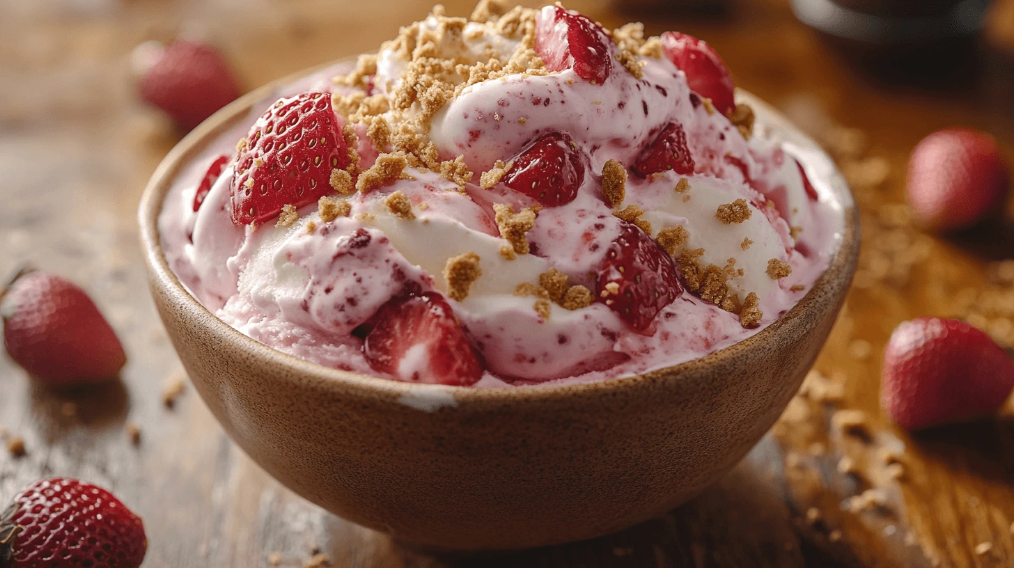 Creamy strawberry cheesecake ice cream with strawberry pieces in a white bowl.