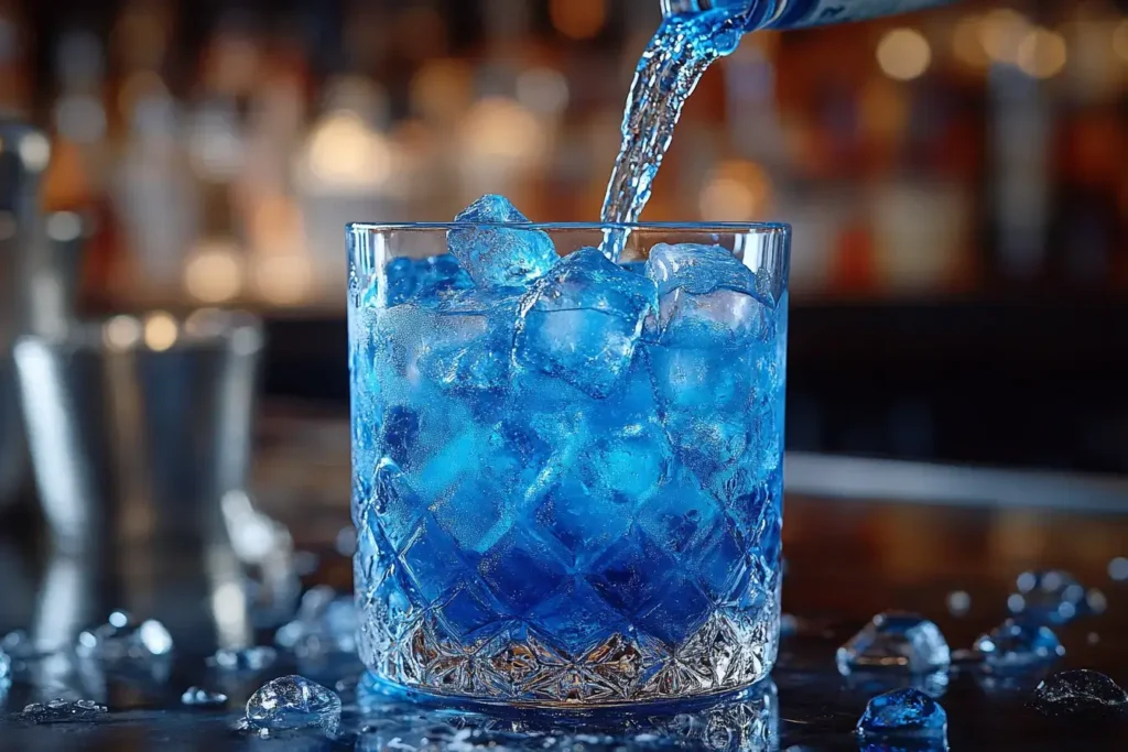 AMF Drink : Shocking Cocktail to Excite Your Night 4 Add vodka, rum, gin, tequila, and blue curaçao directly into the glass over the ice.