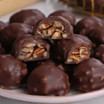 Plate of homemade chocolate turtles with pecans, featuring glossy chocolate coating and visible pecan and caramel filling.