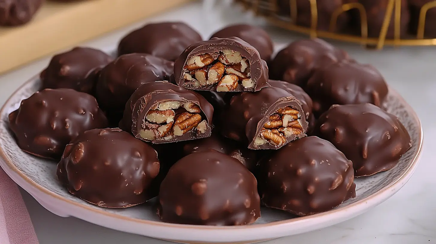 Plate of homemade chocolate turtles with pecans, featuring glossy chocolate coating and visible pecan and caramel filling.