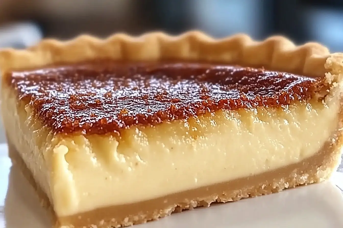 A close-up slice of Creamy Caramel Custard Pie with a golden, caramelized top, silky custard filling, and a buttery crust.