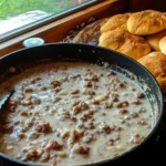 A skillet filled with creamy sausage gravy, rich with browned sausage crumbles, sitting next to a plate of golden, freshly baked biscuits. A comforting and classic Southern breakfast.