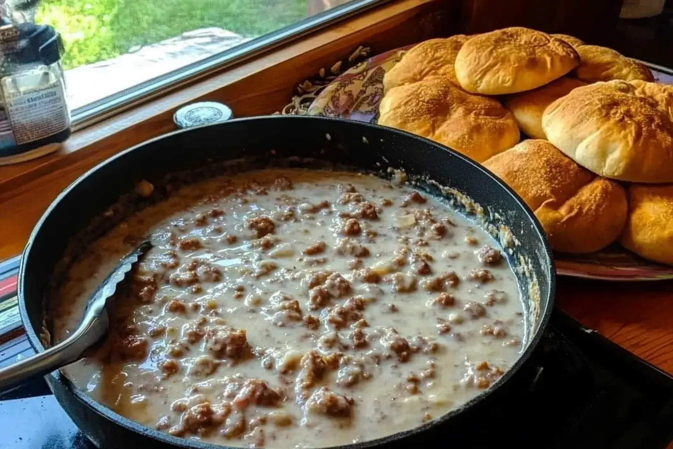 A skillet filled with creamy sausage gravy, rich with browned sausage crumbles, sitting next to a plate of golden, freshly baked biscuits. A comforting and classic Southern breakfast.