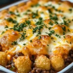 A baked cowboy casserole topped with golden tater tots, melted cheese, and fresh parsley in a white casserole dish.