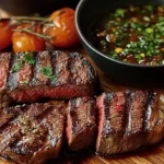 Grilled steaks with char marks served on a wooden plate with a side of marinade and roasted tomatoes.