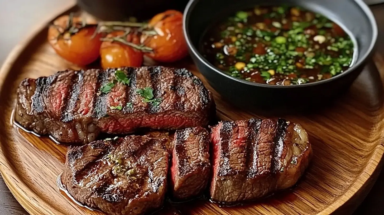 Grilled steaks with char marks served on a wooden plate with a side of marinade and roasted tomatoes.