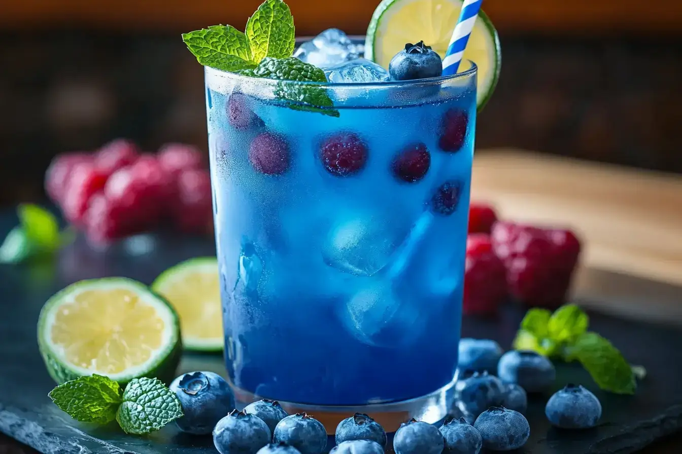 Refreshing glass of Chill Blue Razz Juice with fresh raspberries