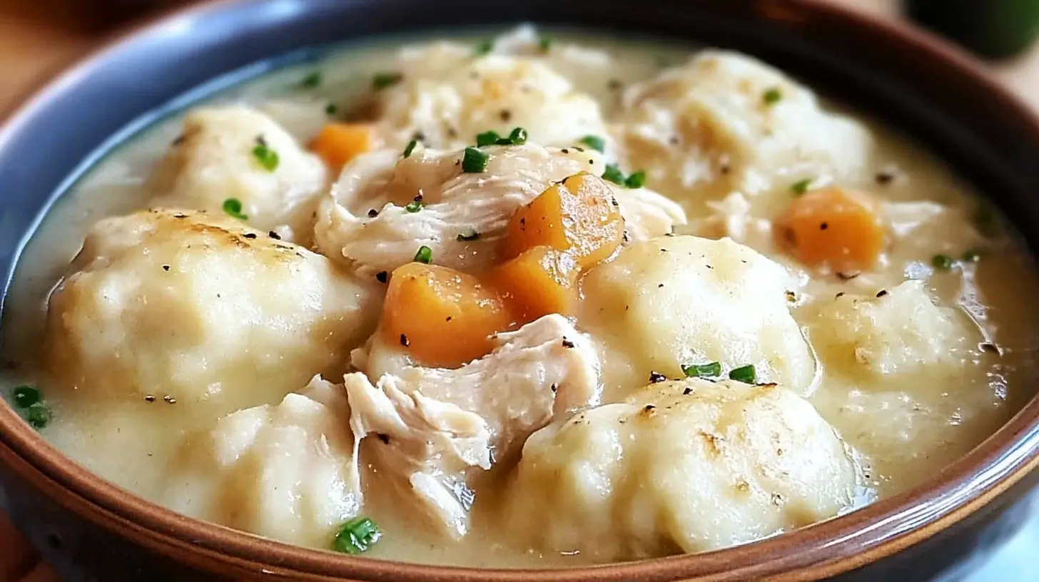 A close-up of a bowl of CrockPot Chicken and Dumplings with shredded chicken, fluffy dumplings, and diced carrots in creamy broth.