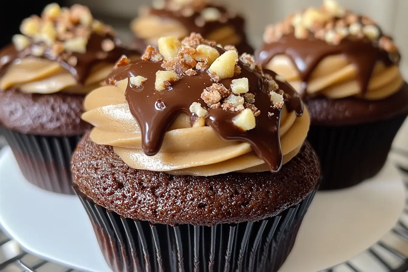 Delicious homemade German chocolate cupcakes with coconut pecan frosting.