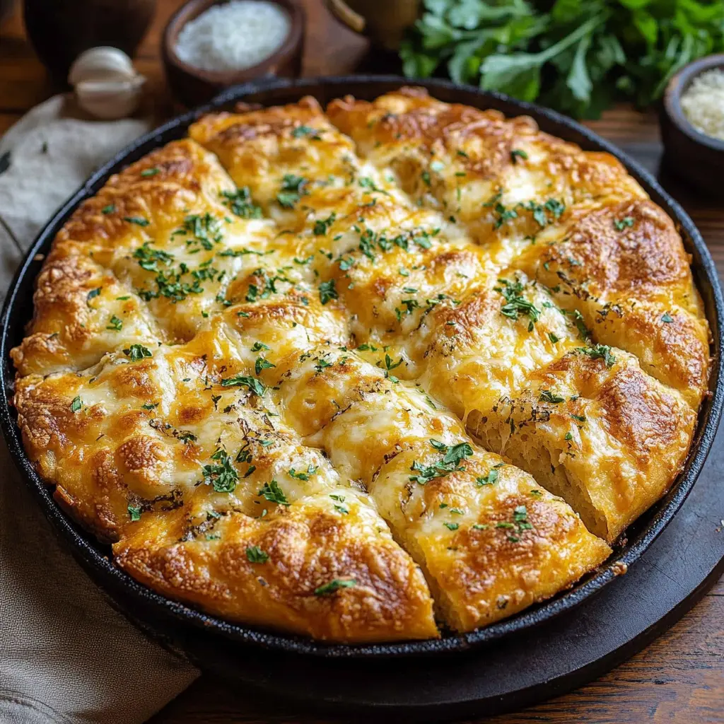 Focaccia Cheesy Garlic Bread 9 Golden brown Cheese Stuffed Focaccia GarlicFocaccia Cheesy Garlic Bread, sliced into pull apart sections and garnished with fresh herbs