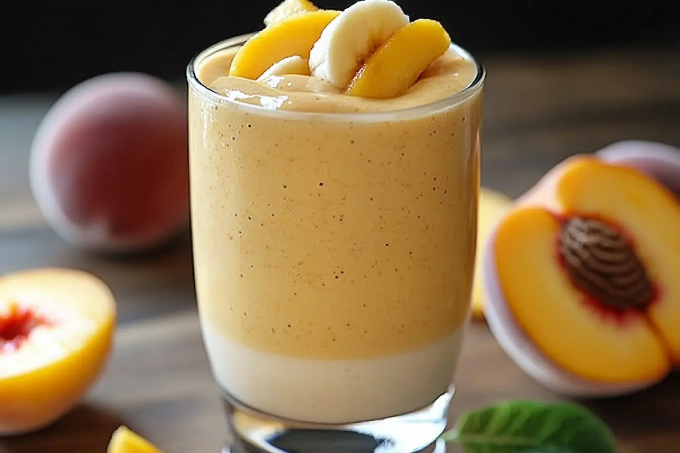 Creamy banana peach smoothie recipe with fresh fruit garnish