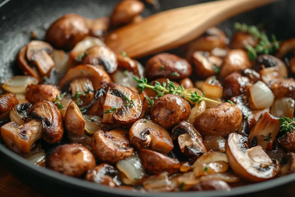 Swiss Mushroom Melt Delight Recipe 2 Sautéing mushrooms and onions until golden brown for Swiss mushroom melt