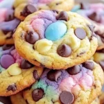 Easter chocolate chip cookies with pastel candies and sprinkles