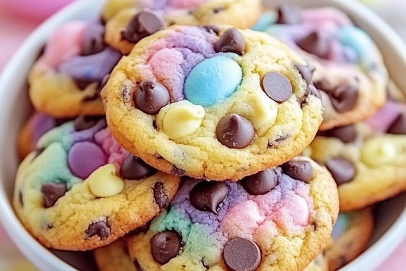 Easter chocolate chip cookies with pastel candies and sprinkles