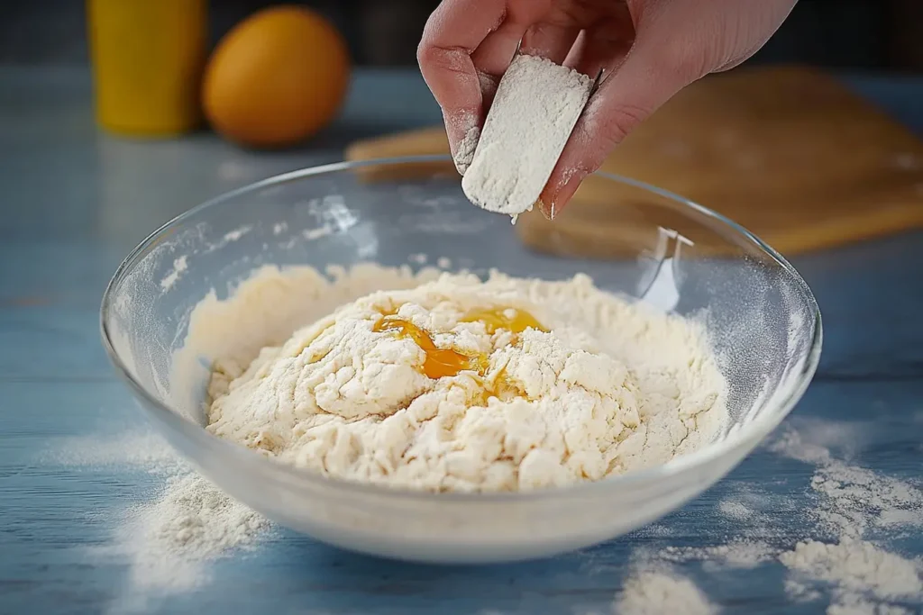 Mixing donut dough in a large bowl - flour and salt combined with warm milk, sugar, egg, and yeast mixture to form a smooth ball of dough ready for rising