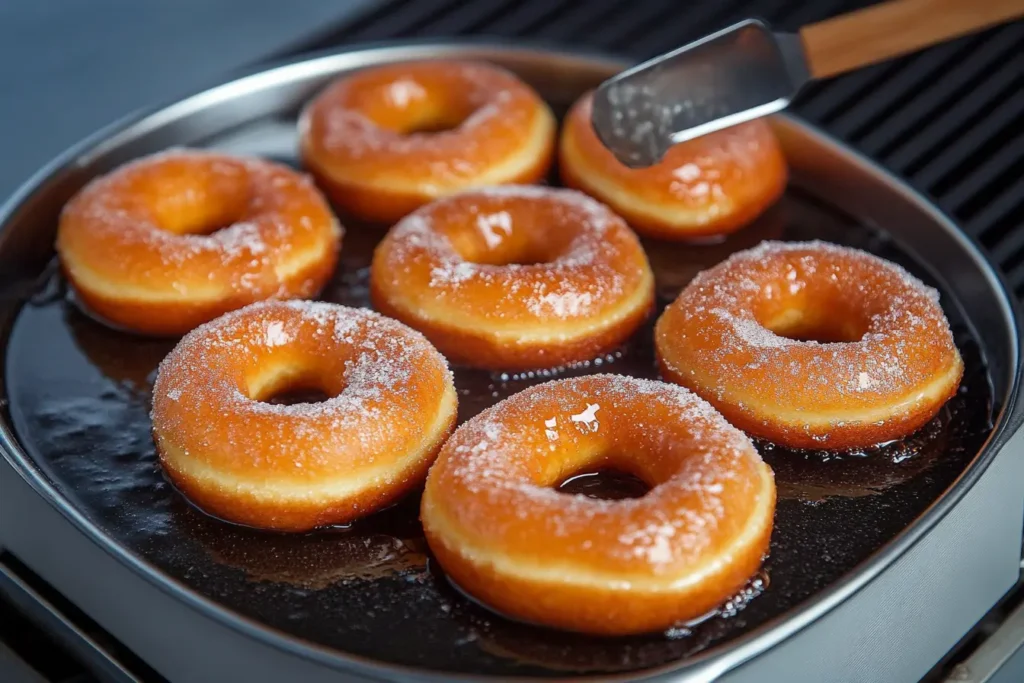 Golden-brown stuffed donuts frying in hot oil being flipped with tongs, followed by freshly fried donuts being rolled in granulated sugar for a sweet finish